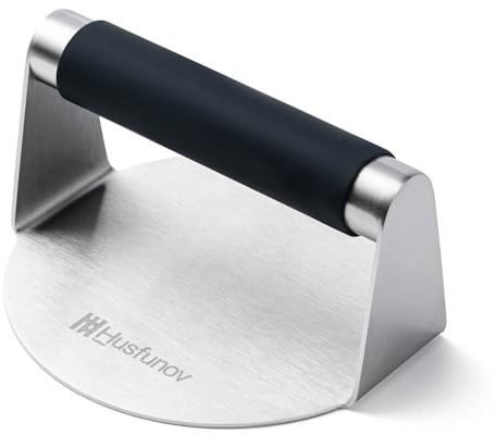 Husfunov Presse à hamburger ronde en acier inoxydable, 14 cm, avec poignée anti-brûlure, presse à hamburger lisse antiadhésive, fond plat, pour cuire des hamburgers, du bacon, du bœuf haché, de la