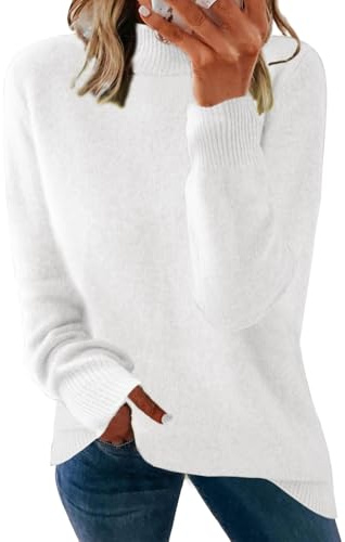 Yutdeng Jersey Mujer Cuello Alto Sueter Mujer Manga Larga Elegante Jersey de Punto Fino Sweater Casual Jersey Pullover Camiseta Cuello Alto Jerséis para Mujer Suéter Invierno Otoño,Blanco,S