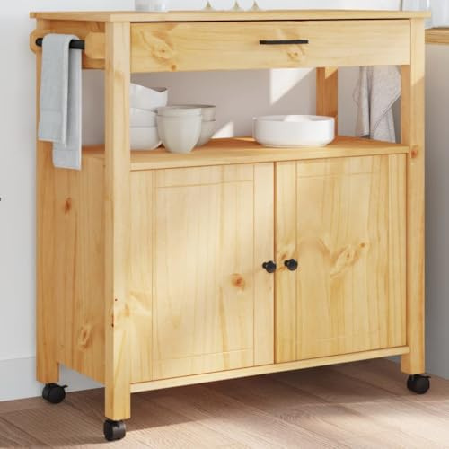 Fregramei Wooden Kitchen Trolley with Storage Cabinet, Modern Kitchen Storage Island Cart, Portable Dining Room Serving Utility Cart, 33.1x15.7x35.4,-1058