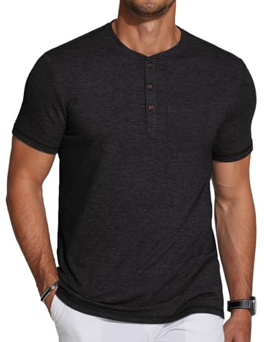 COOFANDY Men's Black Henley Shirts Short Sleeve Casual T-Shirts with Pocket Summer Button Henleys Classic Basic Tees for Men