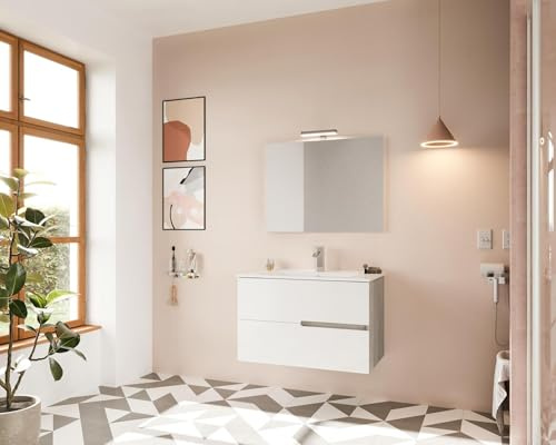 Savinidue Mobile Bagno sospeso 80cm Bianco Lucido e Rovere Grigio in Legno con 2 cassetti Soft-Close, lavabo in Ceramica e Specchio Reversibile 80x60 con LED Eva