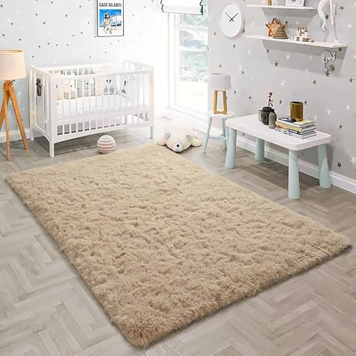 HOKXUAN Shaggy Hochflor Teppich Läufer Flur 70 x 140 cm Extra Weich, Pflegeleicht Wohnzimmerteppich, Rutschfester Teppich Modernes Einfarbiges Design für Küche, Schlafzimmer, Beige