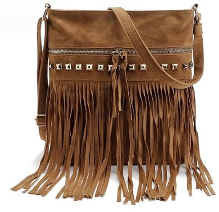 MIMIKRY Sac à bandoulière pour femme, aspect daim, avec franges, 30 x 27 cm, style indienne, hippie, cowgirl, festival, accessoire de costume ethnique
