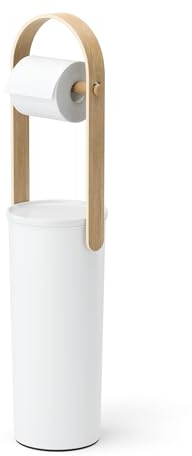 Umbra Bellwood Toilettenpapierhalter freistehend, 3 Rollen, Weiss/Natur | Nachhaltiges Holz, minimalistisches Design, Ersatzrollen Behälter, für kleine Badezimmer, recycelter Kunststoff
