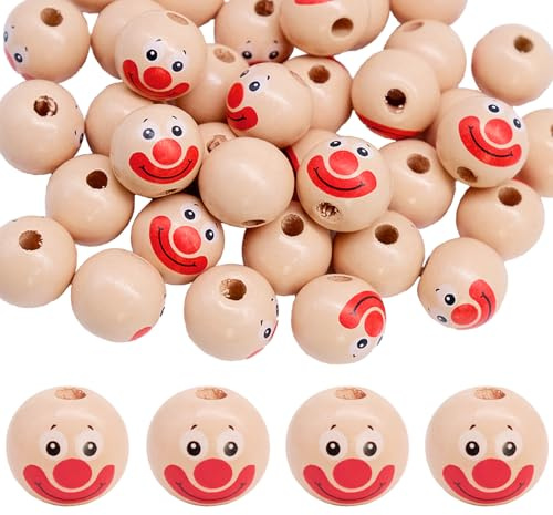 40 Stück Holzperlen mit Gesicht, 20mm Holzköpfe mit Gesicht, Runde Clowns Holzkugeln mit Loch Holzperlen Natur Holz Bastel Perlen für DIY Schmuck Herstellung Handwerk