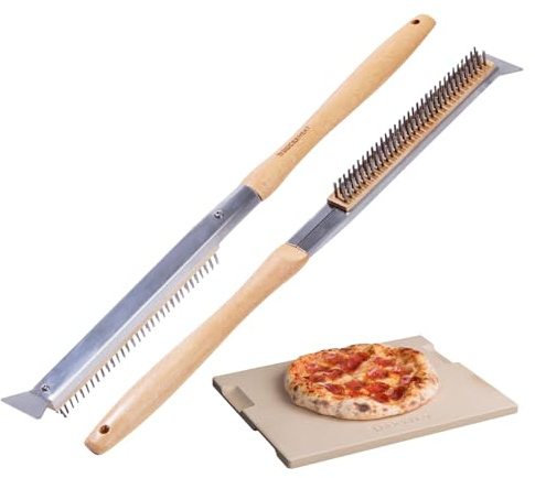 ROCKSHEAT 15x12 Inch Pizza Stone and Brush Set, Rectangle Pizza Baking Stone with Stainless Steel Bristle Grill Brush for Oven, Grill, BBQ, Cordierite Cooking Stone