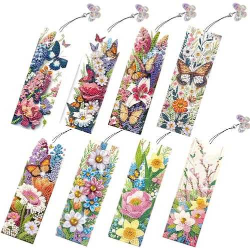 LFSX0828 8 Stück Diamond Painting Lesezeichen, Blumen DIY Handmade Buchzeichen mit Quaste, Basteln Diamant Painting Set, Kreatives Geburtstag Geschenk für Leseliebhaber, Buchliebhaber & Frauen