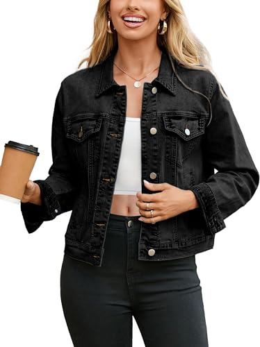 Glamaker Denim Jacket for Women 2026 Distressed Jean Jackets Button Down Casual Retro Oversized Jean Shacket with Pockets (Denim Black XL)