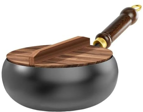 Padella in ferro non rivestita da 22,9 cm/27,9 cm, coperchio in legno, padella giapponese, antiaderente, forgiate a mano, pentola grande per friggere ad alto calore, fornelli