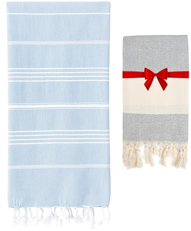 Blue Beach Turkish Towel - 100x180cm Large Turkish Hammam Peshtemal Towel - Super Absorbent, Quick Dry, Sand Free, Lightweight, Compact Towels for Swimming, Bath, Gym, Sauna and Travel (Sky Blue,1)