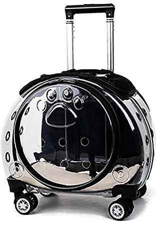 Kattvagn med hjul kattvagn med ryggsäck husdjursbur med hjul och teleskophandtag bärbar hund-/kattbärare reseväska med hjul (färg: silver) (transparent färg)
