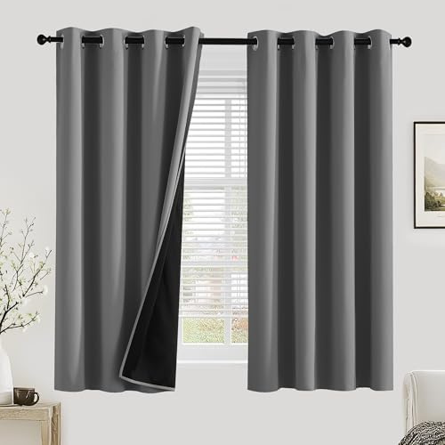 PONY DANCE 100% Blackout Curtains for Bedroom - Thermal Insulated Full Blackout Eyelet Curtains & Drapes Heat and Light Blocking Panels for Living Room with Black Liner 2 Pcs, 46 x 54 Inch, Grey