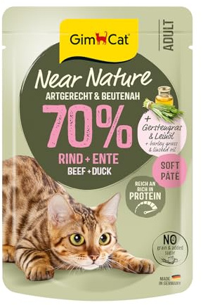 GimCat Near Nature Rind & Ente - Getreidefreies Nassfutter für Katzen ab dem 7. Monat mit artgerechter und beutenaher Rezeptur - 16 Beutel (16 x 85 g)