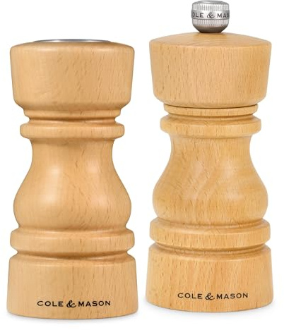 Cole & Mason London Salt and Pepper Shaker and Grinder Set 13cm Beech Wood | Salt Shaker for Ground Salt and Pepper Mill With Adjustable Grind and Ceramic Mechanism For Peppercorns Ideal For Seasoning