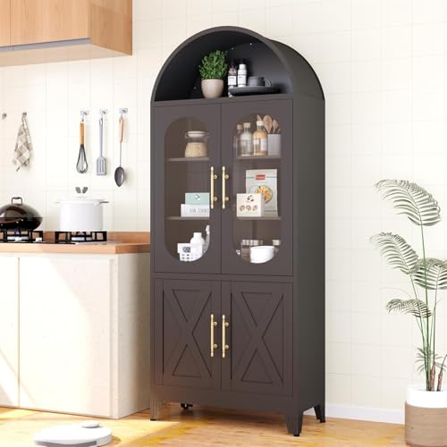 185,42 cm hoher metallener gewölbter Küchenvorratsschrank, moderner landhausstiliger Porzellanaufbewahrungs-Schrank mit Glastür und verstellbaren Regalen, vielseitiger Schrank für Küche(schwarz)