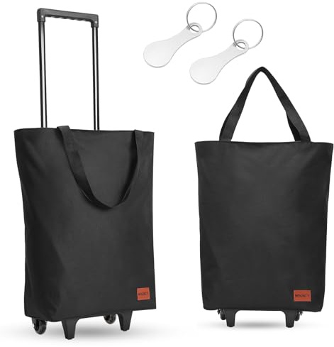 MOONCY 2-in-1 Einkaufstrolley, 30L Große Einkaufstasche auf Rollen, Leichter Einkaufswagen Klappbar für Camping und Reisen, Inklusive Einkaufswagenlöser, Schwarz