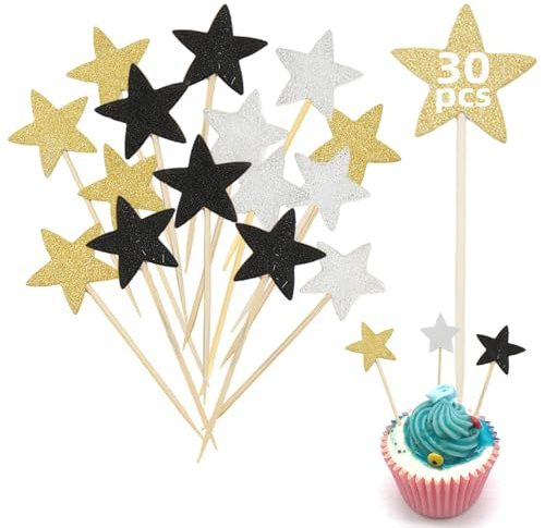 Belegao 30 Picks Cake Toppers Glitter Star Cupcakes Topper for Birthday | Fancy Small Cake Decorations for Party Baby Shower Wedding Anniversary Graduation Christmas Halloween(Black, Silver, Gold)