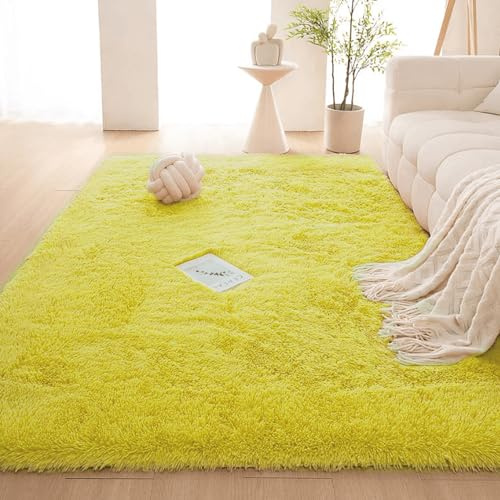 WRUIJIO Shaggy Teppich Wohnzimmer 100 x 200 cm Flauschige Flauschig Teppich Klein Deko Kuschelig Waschbar für Schlafzimmer, Esszimmer Als Stilvoller Küchenteppich, Gelb