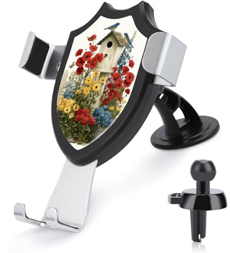 Jubonexis Birdhouse Seau de fleurs rouges, bleues, jaunes et support de téléphone de voiture, support triangulaire à clip pour grille d'aération, accessoires automobiles pour smartphones portables de