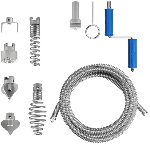 Rohrreinigungsspiral, Spirale Abfluss Rohrreinigung, 5m x 12mm Set mit Adaptern, Abflussreiniger Spirale für Verstopfungen in Toilette Badewanne und Kanalisation
