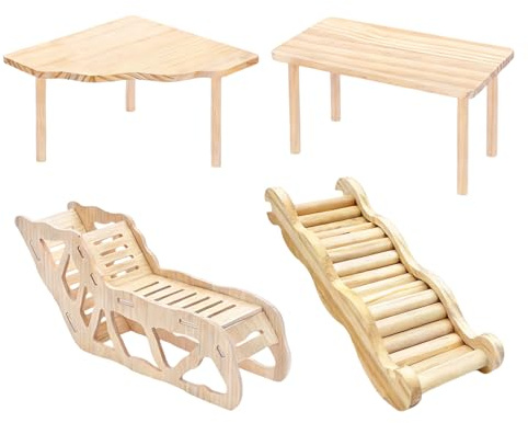 4er Set Hamster Plattform Holz Spielplatz mit Rampe Tunnel & Versteck, Nager Spielzeug Zubehör für Meerschweinchen Rennmäuse Mäuse, Kletterturm & Ruheplatz für Kleintiere, Naturbelassenes Echtholz