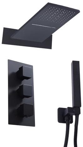 Colonna doccia a incasso termostatico nero opaco – Set doccia quadrato con soffione a pioggia 55 x 22 cm, doccetta e ugello a cascata, miscelatore anti-bruciore 38 °C, ottone massiccio