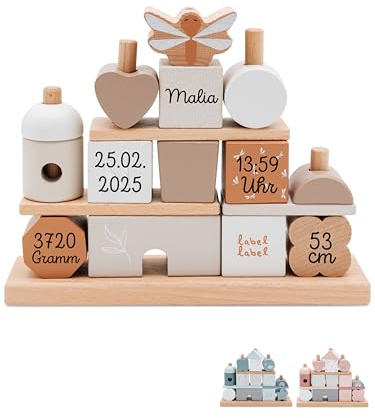 wunderwunsch Personalisierter Stapelturm Holz Haus - Großer Steckturm mit Namen, Holzspielzeug für Baby, Geschenk zur Geburt, Taufe und Pullerparty für Junge und Mädchen (Nougat)