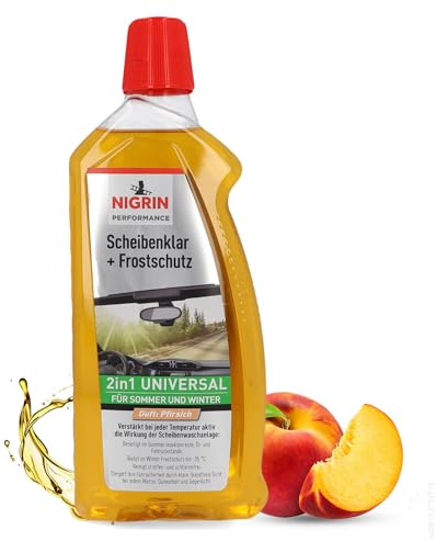 NIGRIN Scheibenklar + Frostschutz Pfirsich | 1 Liter | Reinigungszusatz für Autoscheiben und Scheinwerfer | entfernt Insekten, Öl, Fett schlierenfrei | wirksam bis -35°C | polycarbonatverträglich