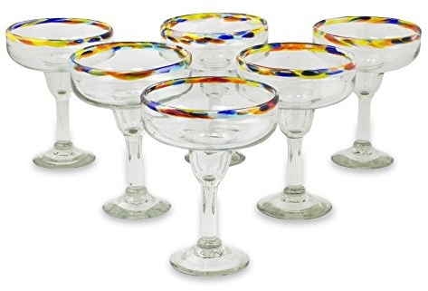 NOVICA Artisan Handmade Blown Glass Margarita Clear Multicolor Mexico Tableware Drinkware 'Confetti Path' (set of 6)