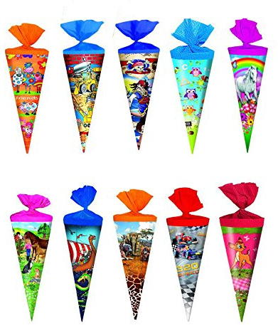 10x Schultüte/Zuckertüte/Länge: 25cm / rund / 10 verschiedene Motive