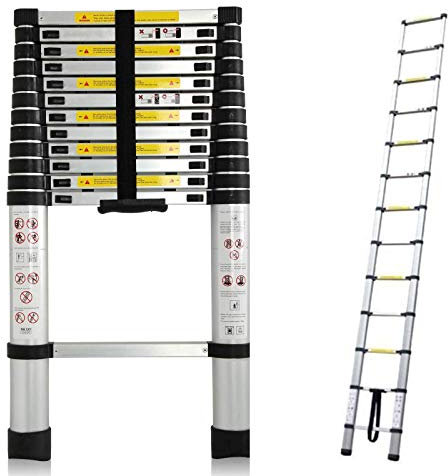 Telescopic Ladders Multi Purpose Aluminium 3.8m 12.5 Feet 330lb Capacity DIY Foldable Extendable Builder Loft Extension Ladders 13 Steps Portable