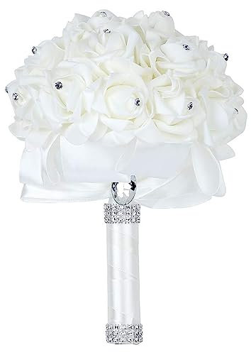 Febou Hochzeitsstrauß Kristallrosen Brautjungfernstrauß, Brautstrauß, künstliche Blumen für Hochzeit, Party und Kirche (Elfenbeinband)