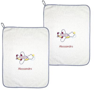 Coccole - Set Asilo 2 Asciugamani Personalizzati Bambini - Set Asilo Personalizzato con Nome in Cotone Anallergico - Asciugamano Asilo Personalizzato Aereo Blu