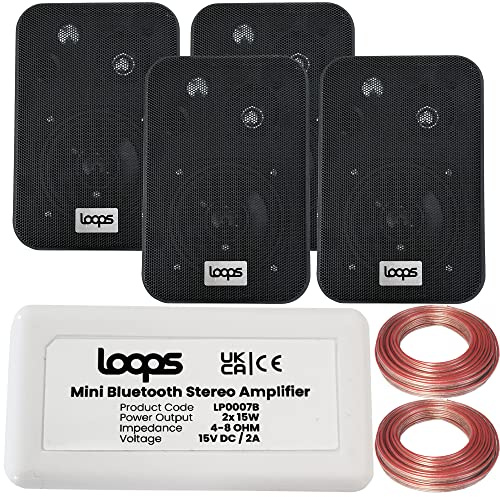 Loops SMART HOME Bluetooth Amplifier & 4x 70W 4 Black Wall Mounted Speaker Kit – Compact HiFi Mini/Micro Amp – Bathroom/Kitchen Audio Music Player System