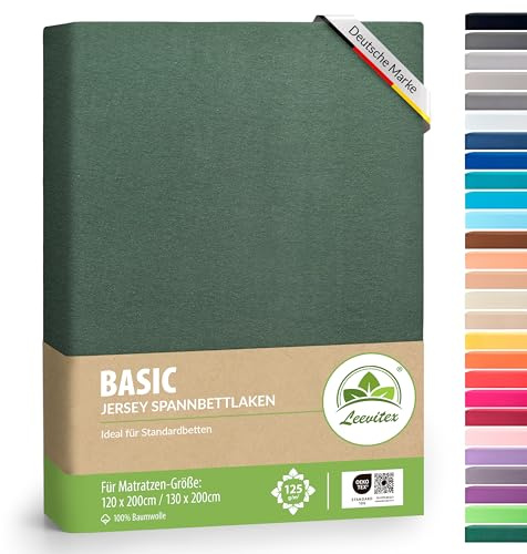 leevitex® Spannbettlaken 120x200cm - 130x200cm | Spannbetttuch Bettlaken | 100% Jersey Baumwolle | Matratzenhöhe bis 25 cm | Ökotex | Dunkelgrün
