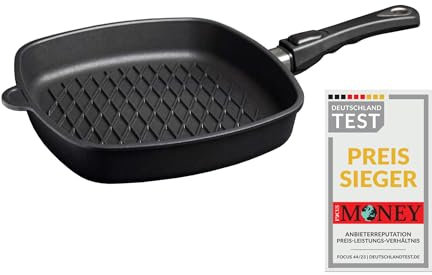 AMT Gastroguss Eckpfanne 28 x 28 cm, 5 cm hoch, mit BBQ-Boden, abnehmbarer Stiel, induktionsgeeignet, Lotan® Antihaft-Veredelung, Gusspfanne (Aluguss), AMZN-I-E285BBQ-Z20B