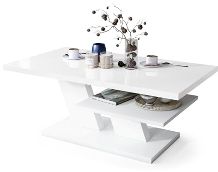 All4All Couchtisch Conte - Kaffeetisch - Wohnzimmertisch – Sofatisch mit Ablage - kompakte Größe - Sofatisch - 110x60cm - 05 - weiß Hochglanz + weiß
