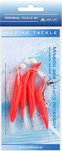 Mikado Hair Tube Rig Paternoster Pré-perforé pour village avec tuyau rouge et plumes jaunes ou blanches, avec crochet 1/0 et 3/0, Vorfach 1/0 - Rot-Gelb