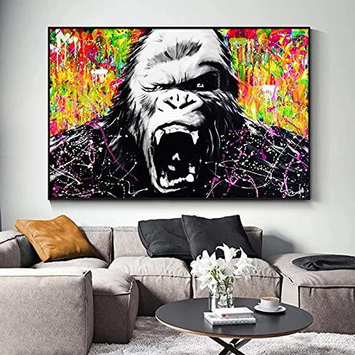 Rumlly Moderne Graffiti-Straßen-Wandkunst auf Leinwand, wütender Affe, abstrakter Orang-Utan, Pop-Art, Leinwanddruck für Kinderzimmer, 60 x 90 cm, rahmenlos