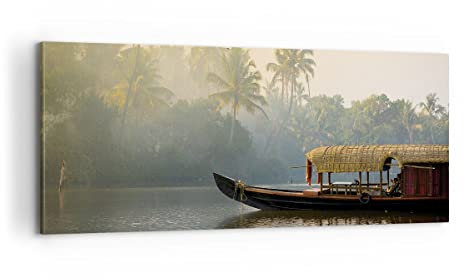 Panorama Bilder auf Leinwand 100x40cm Leinwandbild Indien Boot Fluss Groß Wanddeko Bild Schlafzimmer Küche Wandbilder Dekoration Wohnzimmer Wall Decor Canvas Wand Kunstdruck Art AB100x40-4863