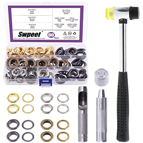 Swpeet 80 unidades - 40 juegos de ojales de 9/16 pulgadas (14 mm) gruesos, ojales de metal, ojales y 3 herramientas de ajuste, mazo suave Rubbe para reparar lona, cuero