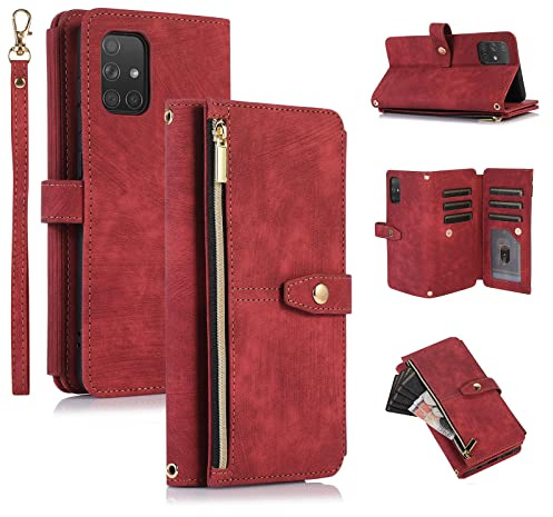 UEEBAI Étui pour Samsung Galaxy A51 4G, Portefeuille Cuir PU Rétro Rabat Antichoc Housse avec Dragonne Fentes Cartes Fonction Support Fermeture Magnétique - Vintage Rouge