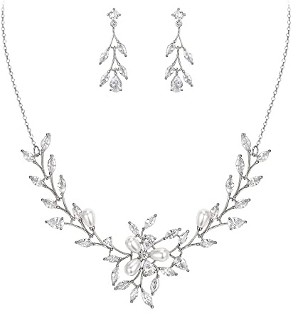 EVER FAITH Zirkonia Schmuck-Set für Hochzeit Marquise Tropfen Simulierte Perlen Blatt Halskette und Ohrringe Set Silber-Ton