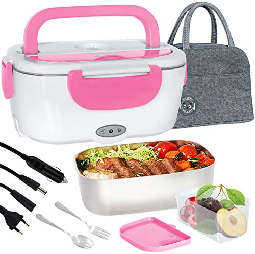 Poligono Scaldavivande Elettrico Portatile con Borsa Termica 1.5L (55W 220V), Lunch Box Portavivande Termico Elettronico Portatile in Acciaio Inox, Porta Pranzo da Ufficio e Auto, Rosa
