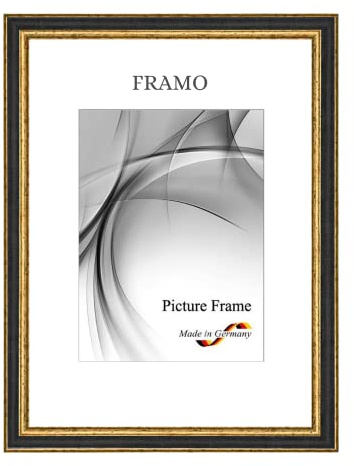 FRAMO N°107 Barock Bilderrahmen 80x120 aus Massivholz | Schwarz Gold | Retro Vintage Antik Holzrahmen inkl. bruchsicherer Anti-Reflex Kunstglasscheibe und Metall Aufhängern