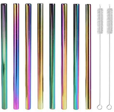 Wiederverwendbare Bubble Tea Strohhalme aus Metall, 8 dicke Edelstahl-Trinkhalme mit 2 Reinigungsbürsten für Boba Bubble Tea Milkshake, 12 mm extra breit, mehrfarbig