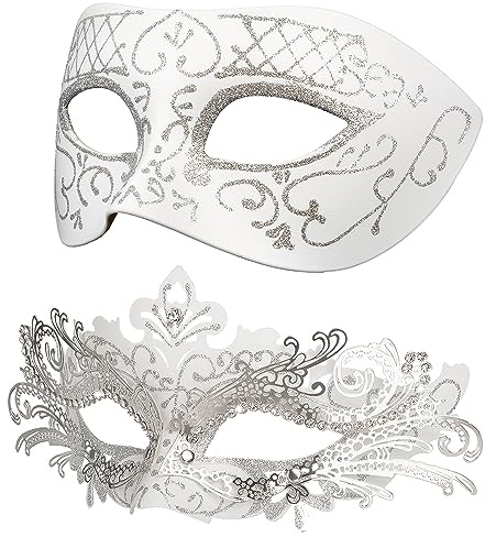Venezianische Maske für Damen und Herren, Hoshin Maskenball Masken Fasching Kostüm für Ball Venedig Halloween(Weiß mit silberner Linie)