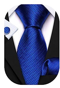 Barry.Wang Royal Blue Ties Extra Long Necktie for Men Silk Pinstriped Pocket Square Cufflink Wedding Formal