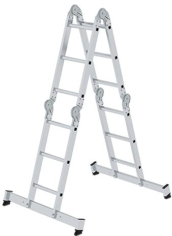 PROREGAL Vielzweckleiter 4-teilig mit nivello®-Traverse und Holzbelag | 4x3 Sprossen | Leiter, Teleskopleiter, Trittleiter, Bockleiter, Sprossen-Doppelleiter
