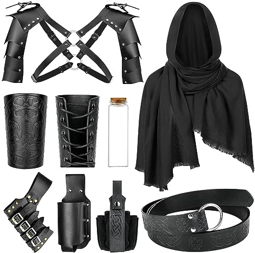 PLULON mittelalterliches Ritterkostüm für Herren, Renaissance-Schal mit mittelalterlichen Accessoires, geprägtes PU-Leder, Gürtel, Armschienen, Beutel, Schwert, Frosch, Schulterpanzer für Halloween-Outfit